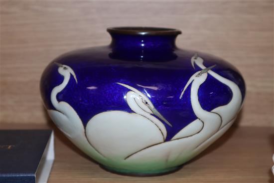 A Japanese musen and moriage enamel egrets vase height 14cm